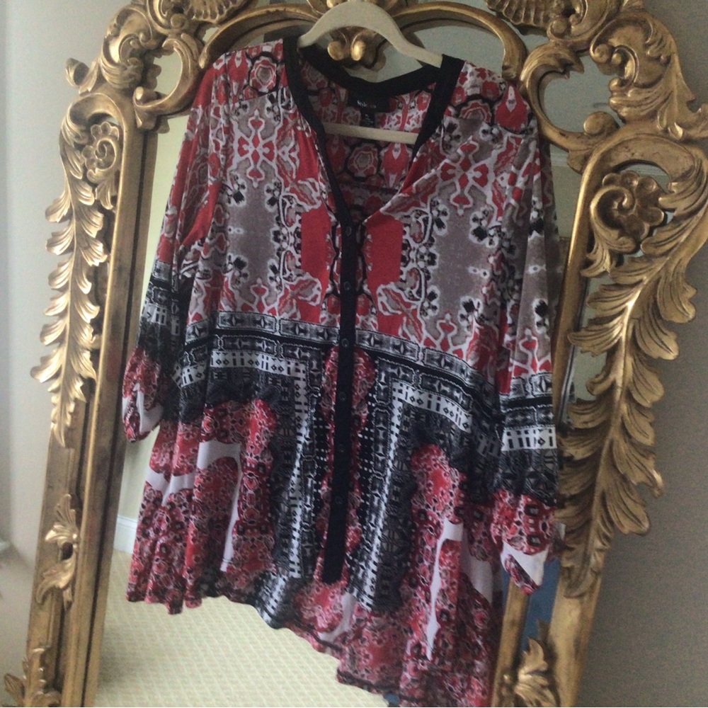 Style & Co Red and Blue Graphic 3/4 Sleeve Blouse